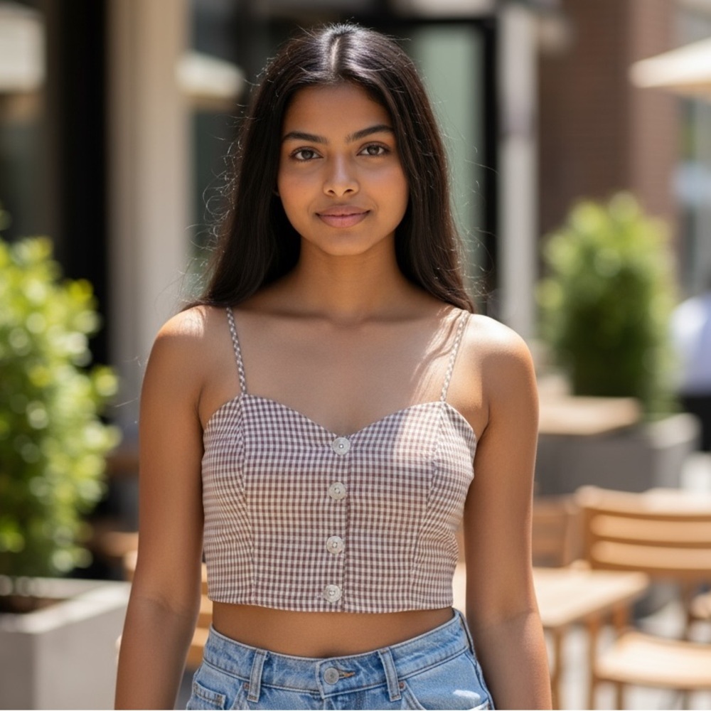 NWT REVOLVE SUPERDOWN Gingham Button-Up Crop Top Mauve S